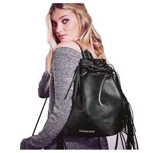 Victorias Secret Black Hobo Backpack Fashion Show Bag Fringe Drawstring Purse